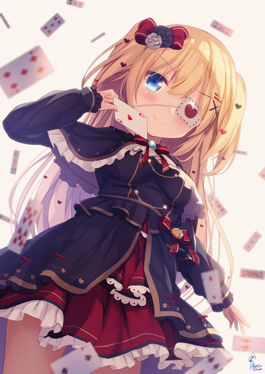 1girl ace_of_hearts akai_haato bangs black_capelet black_dress black_flower black_rose blonde_hair blue_eyes blurry blurry_background blurry_foreground blush bow breasts capelet card chinomaron closed_mouth commentary_request depth_of_field diamond_(shape) dress eyebrows_visible_through_hair eyepatch flower frilled_capelet frills from_below grey_background hair_between_eyes hair_bow hair_ornament hairclip hand_up heart heart_hair_ornament highres holding holding_card hololive long_hair long_sleeves looking_at_viewer looking_down playing_card pleated_skirt red_bow red_skirt rose signature simple_background skirt sleeves_past_wrists small_breasts smile solo spade_(shape) standing two_side_up very_long_hair virtual_youtuber white_flower white_rose x_hair_ornament