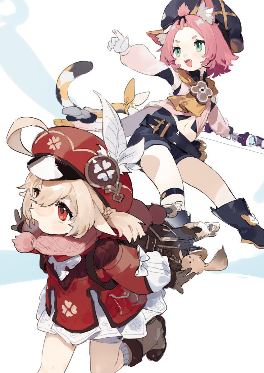 2girls absurdres ahoge animal_ears backpack bag bangs_pinned_back blonde_hair boots bow_(weapon) brown_gloves cat_ears cat_tail clover diona_(genshin_impact) dress feathers four-leaf_clover genshin_impact gloves hat hat_feather highres holding holding_bow_(weapon) holding_weapon klee_(genshin_impact) leg_up long_sleeves multiple_girls navel open_mouth pink_hair pointy_ears red_dress red_eyes red_headwear scarf sh_(562835932) short_hair shorts simple_background tail weapon white_gloves