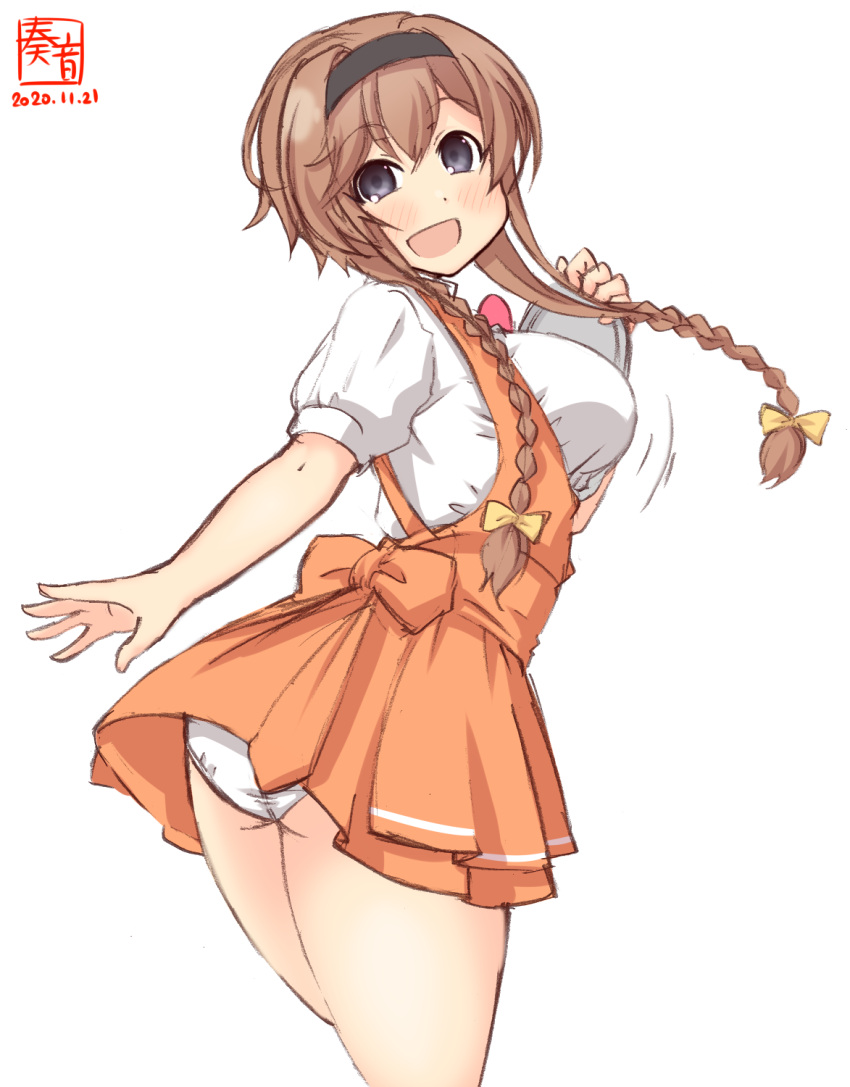1girl alternate_costume anna_miller apron artist_logo black_hairband blouse bouncing_breasts braid breasts commentary_request cowboy_shot dated grey_eyes hairband highres kanon_(kurogane_knights) kantai_collection large_breasts light_brown_hair long_hair looking_at_viewer name_tag orange_apron orange_skirt panties simple_background skirt smile solo teruzuki_(kantai_collection) twin_braids underwear waitress white_background white_blouse white_panties