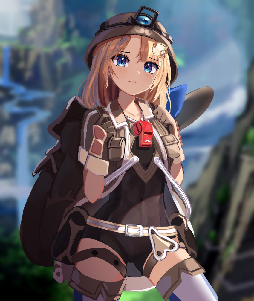 1girl backpack bag belt belt_pouch blonde_hair blue_eyes blurry blurry_background brown_gloves cliff collarbone cosplay cowboy_shot day dayshiart depth_of_field gloves highres hill hololive hololive_english leotard lips looking_at_viewer made_in_abyss medium_hair mining_helmet mountain open_clothes open_vest outdoors pouch riko_(made_in_abyss) riko_(made_in_abyss)_(cosplay) solo sunlight thigh-highs thigh_strap tree vest vest_pouch water waterfall watson_amelia whistle whistle_around_neck white_legwear