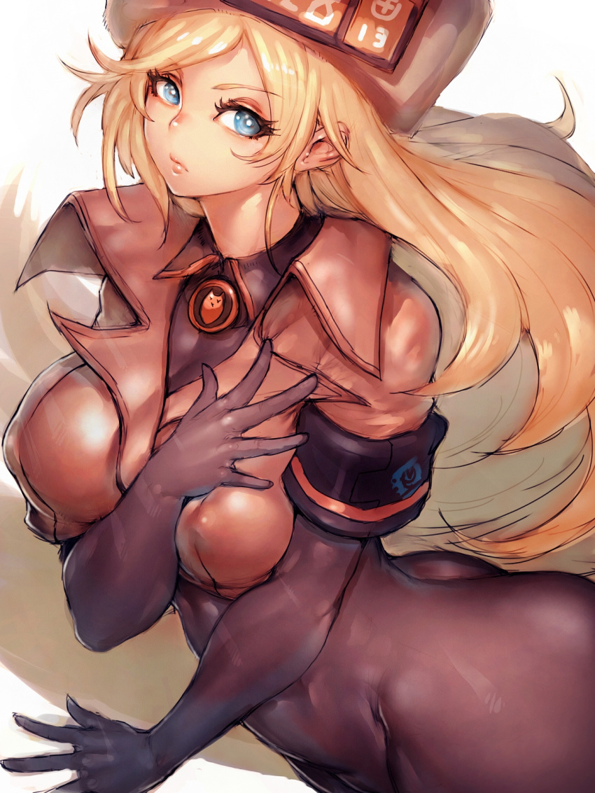 1girl ass blonde_hair bodysuit breasts covered_nipples fumio_(rsqkr) guilty_gear guilty_gear_strive highres large_breasts long_hair looking_at_viewer millia_rage simple_background solo white_background