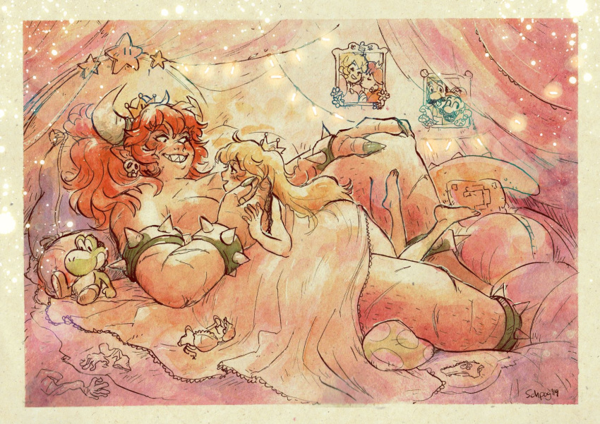 2girls bed bowsette bra bra_removed bracelet breasts character_doll crown earrings highres horns jewelry leg_hair luigi mario super_mario_bros. mini_crown multiple_girls new_super_mario_bros._u_deluxe panties panties_removed pillow pointy_ears princess_daisy princess_peach redhead schpog size_difference skull_earrings smile spiked_armlet spiked_bracelet spikes starman_(mario) super_crown thick_thighs thighs underwear yoshi yuri