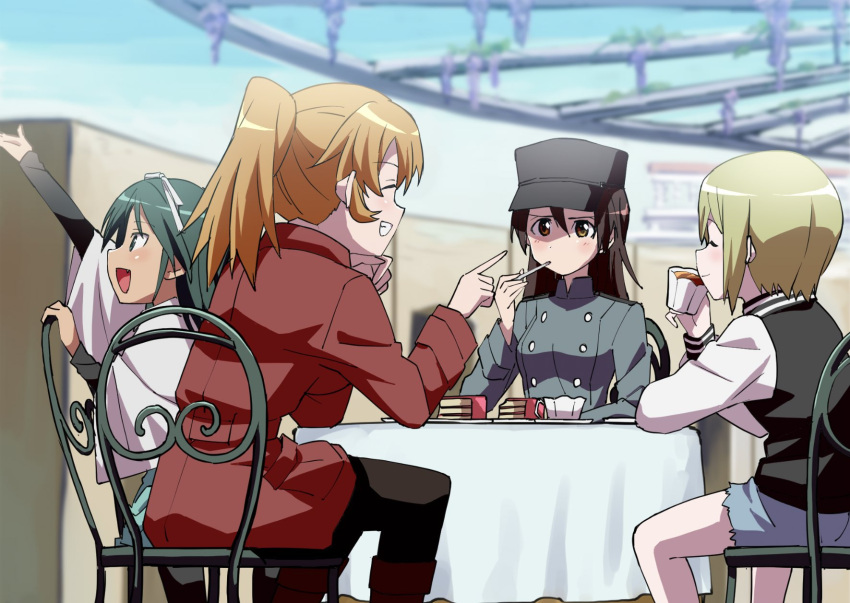 4girls alternate_costume alternate_hairstyle blonde_hair brown_eyes brown_hair cake charlotte_e_yeager commentary_request cup cutoffs edamame_(buruburu) erica_hartmann food francesca_lucchini gertrud_barkhorn green_eyes green_hair grey_shorts grin hair_down hat highres jacket letterman_jacket long_hair military military_uniform multiple_girls orange_hair ponytail red_jacket shawl short_hair shorts smile strike_witches table uniform world_witches_series