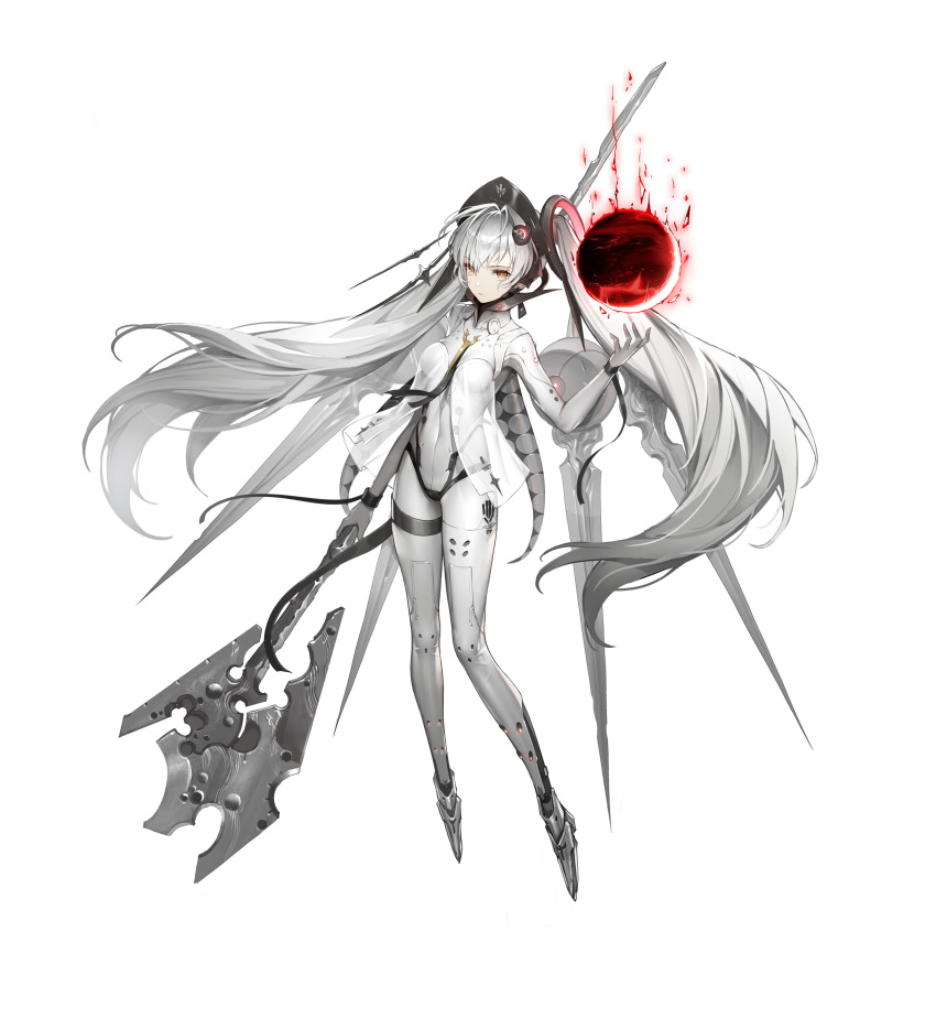 +_+ 1girl absurdres axe battle_axe bodysuit breasts bright_pupils character_request closed_mouth copyright_request covered_navel full_body headgear high_heels highres long_hair medium_breasts mosquito_coils polearm see-through silver_hair simple_background solo symbol-shaped_pupils twintails very_long_hair weapon white_background yellow_eyes