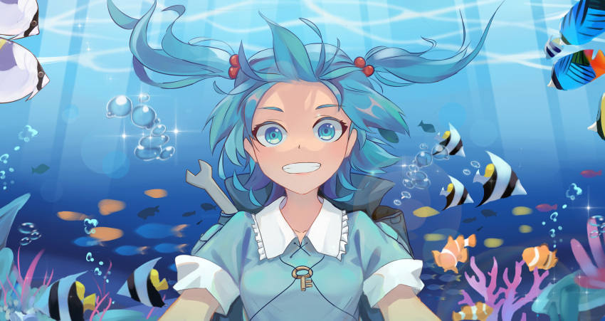 1girl absurdres blouse blue_blouse blue_eyes blue_hair breasts bubble collarbone coral fish floating_hair glint grin hair_bobbles hair_ornament highres kawashiro_nitori key light_rays looking_at_viewer puffy_short_sleeves puffy_sleeves short_hair short_sleeves small_breasts smile solo sparkle touhou two_side_up underwater upper_body yongzhe_mei_hong