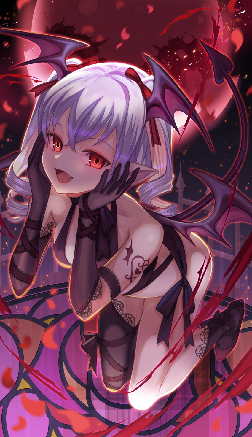 1girl absurdres amahara_subaru bare_shoulders black_footwear black_gloves black_legwear blood bow collarbone crack demon_girl demon_tail demon_wings drill_hair fang fence floating gloves glowing glowing_eyes grey_hair hair_between_eyes hair_bow head_wings heart heart_tail highres huge_filesize long_hair looking_at_viewer mini_wings moon open_mouth original petals pointy_ears red_bow red_eyes red_moon solo stained_glass tail thigh-highs tongue twintails wings