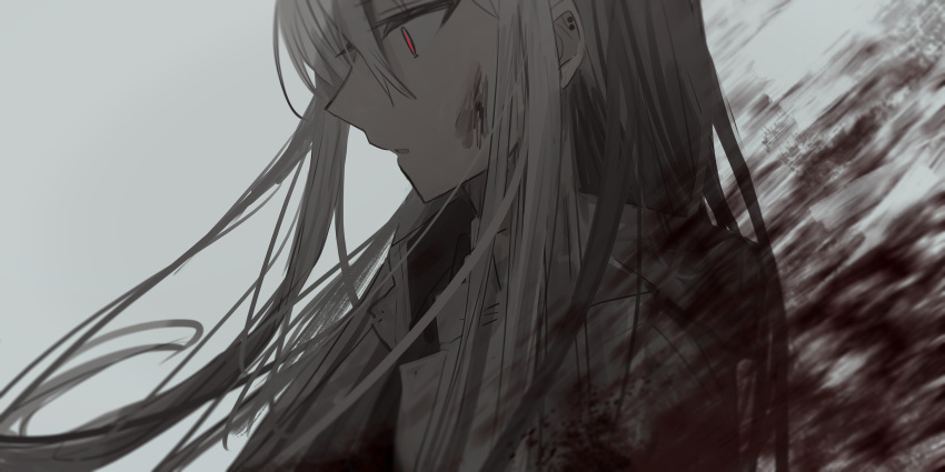 1girl bangs black_shirt blood chihuri commentary_request ear_piercing from_side grey_background grey_hair hair_between_eyes highres jacket long_hair looking_away open_clothes open_jacket original parted_lips piercing red_eyes shirt simple_background solo upper_body white_jacket