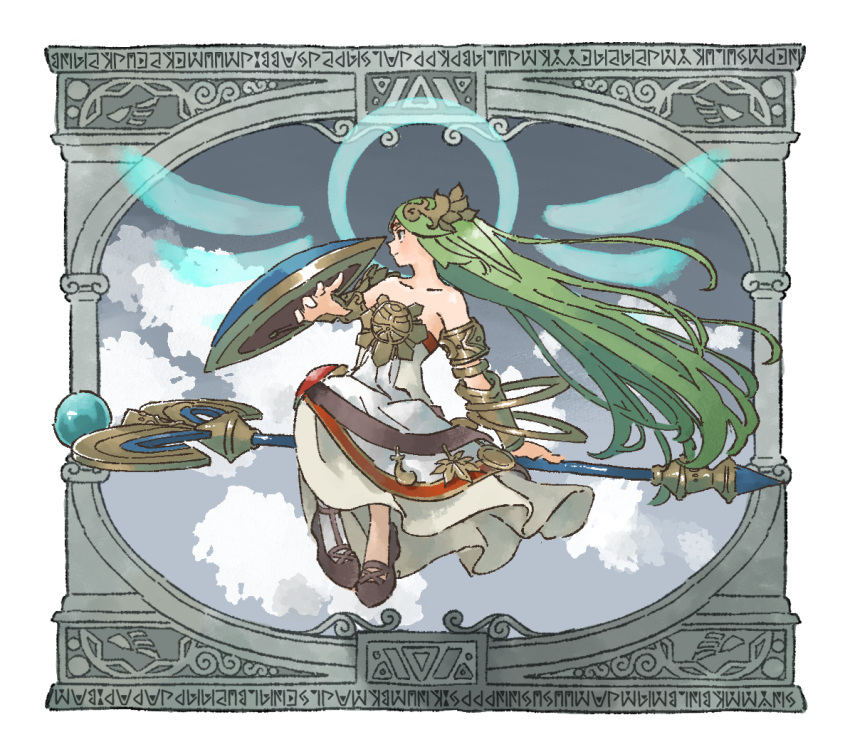 1girl armlet bangle bangs bare_shoulders black_eyes black_footwear bracelet bracer circlet clouds collarbone dress full_body goddess green_hair jewelry kid_icarus long_hair looking_away nishikuromori palutena parted_bangs pigeon-toed shield shoes sidesaddle simple_background sitting solo staff staff_riding straight_hair strapless strapless_dress very_long_hair white_background white_dress white_legwear