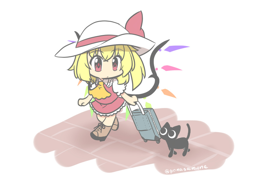 1girl absurdres ascot black_cat blonde_hair boots cat chibi commentary_request flandre_scarlet goma_(gomasamune) hat hat_ribbon highres puffy_short_sleeves puffy_sleeves red_eyes ribbon rolling_suitcase short_sleeves side_ponytail skirt suitcase touhou twitter_username wings