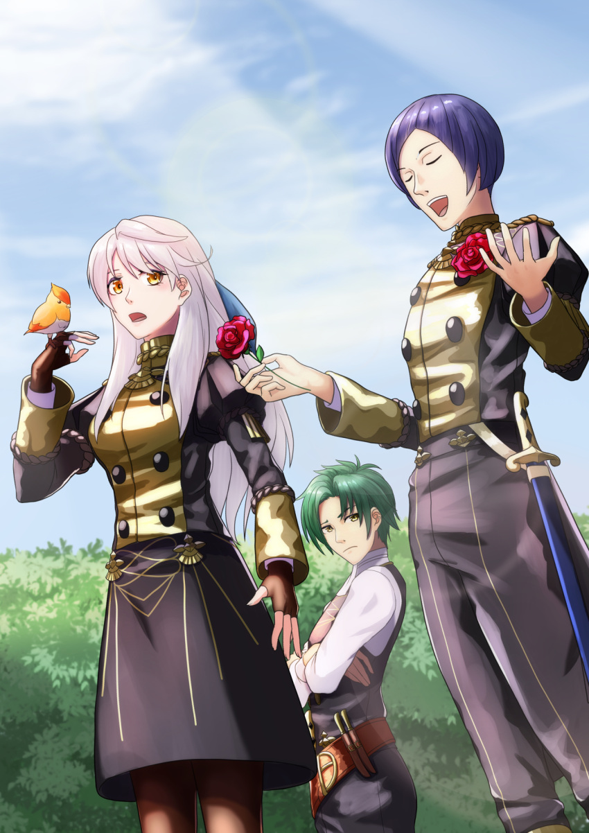 1girl 2boys belt bird bird_on_hand blue_sky bow brown_gloves brown_legwear closed_eyes crossed_arms dagger dress fingerless_gloves fire_emblem fire_emblem:_radiant_dawn fire_emblem:_three_houses flower garreg_mach_monastery_uniform gloves green_hair hair_bow highres long_sleeves lorenz_hellman_gloucester micaiah_(fire_emblem) multiple_boys music open_mouth purple_hair red_flower red_rose rose sheath sheathed silver_hair singing sky sothe_(fire_emblem) sukkirito_(rangusan) sword weapon yellow_eyes yune_(fire_emblem)