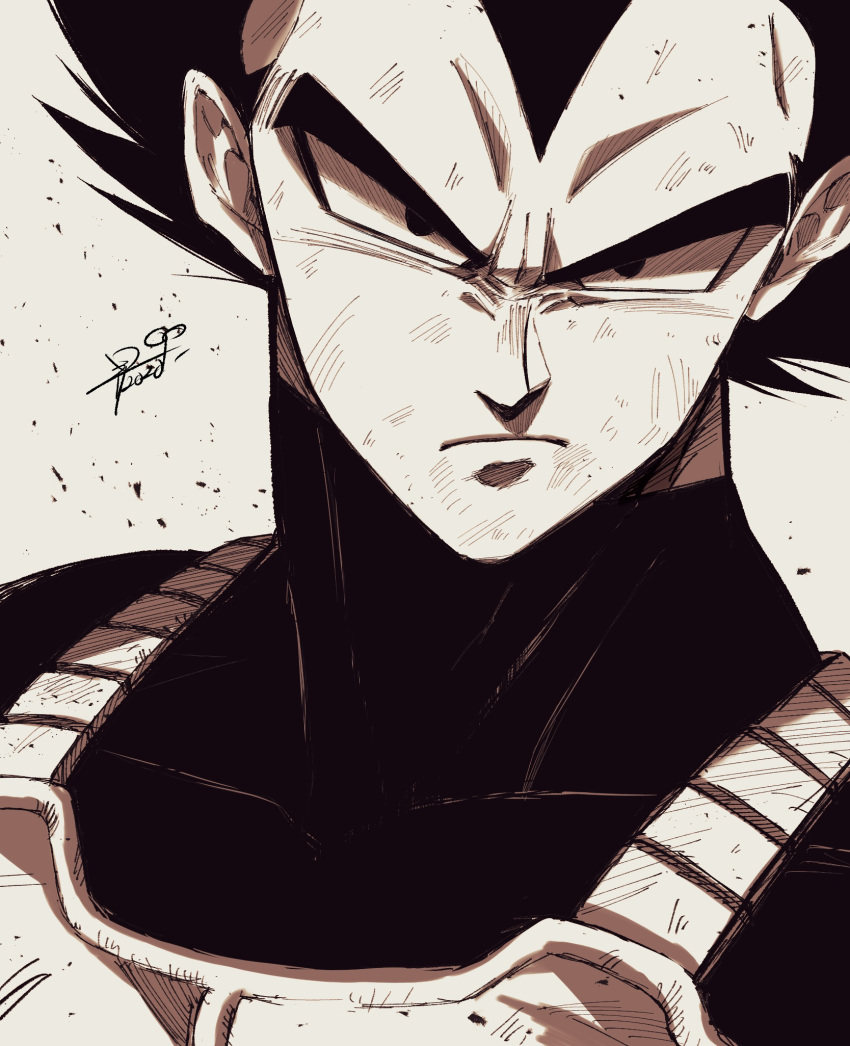 1boy armor bangs closed_mouth dragon_ball dragon_ball_z frown greyscale hair_between_eyes highres looking_at_viewer male_focus monochrome portrait saiyan_armor short_hair signature simple_background sketch solo sumutemu v-shaped_eyebrows vegeta widow's_peak