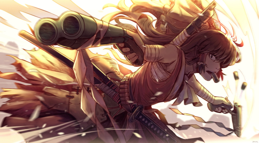 1girl absurdres alternate_weapon armpit_peek arms_at_sides bandaged_arm bandages bangs bow brown_hair chinese_commentary commentary_request dual_wielding floating_hair foreshortening frilled_bow frills gun hair_bow hair_tubes hakurei_reimu highres holding katana large_bow long_hair looking_to_the_side motion_lines mouth_hold red_bow reloading rifle rifle_on_back royl sarashi shotgun shotgun_shells sidelocks skirt solo sword torn_clothes torn_skirt touhou wakizashi weapon weapon_on_back white_background