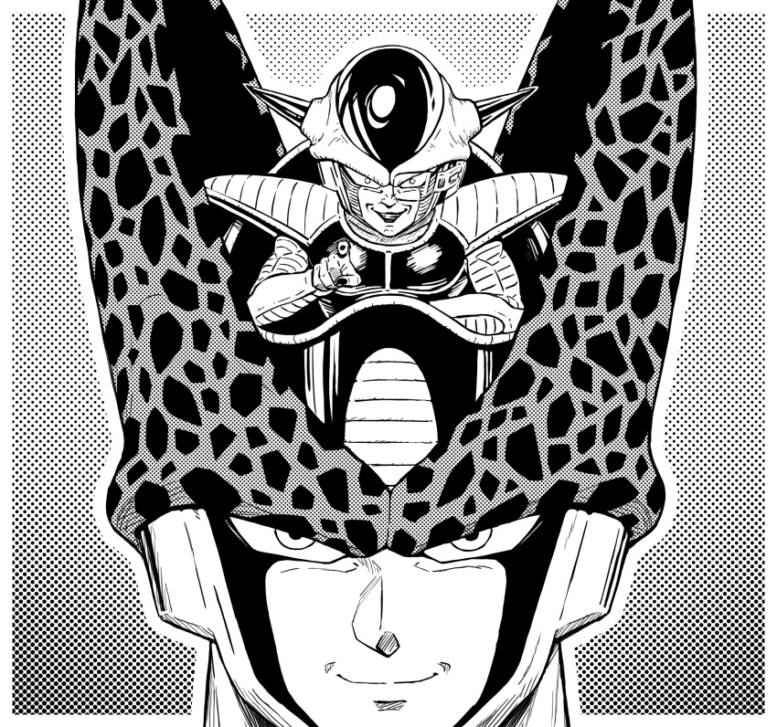2boys border cell_(dragon_ball) closed_mouth dragon_ball dragon_ball_z frieza greyscale grin halftone highres looking_at_viewer monochrome multiple_boys outline parody pointing pointing_at_viewer sakkan scouter smile white_border white_outline wide-eyed