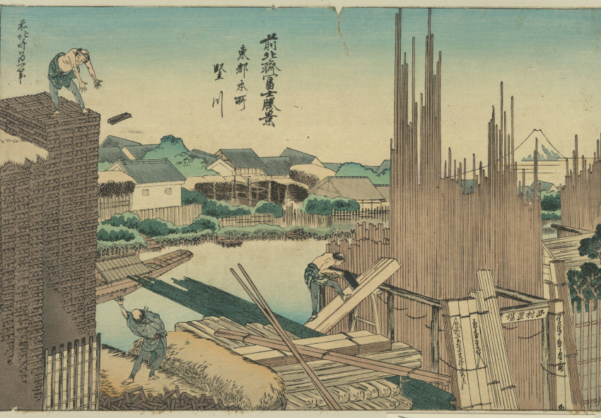 3boys absurdres black_hair board boat fujiyama highres katsushika_hokusai_(1760) multiple_boys original pond public_domain saw tools watercraft wood