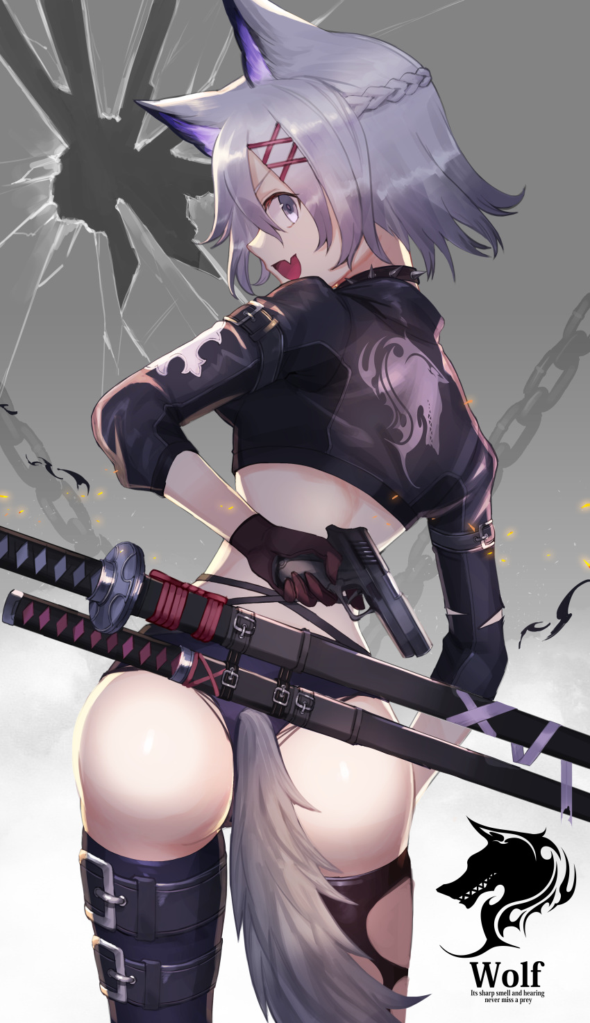 1girl absurdres amahara_subaru animal_ears ass back black_collar black_legwear broken_glass brown_gloves chain collar crack embers english_text fang glass gloves grey_hair gun hair_ornament highres holding holding_gun holding_weapon katana looking_back open_mouth original scabbard sheath sheathed shiny shiny_skin short_hair skin_fang sleeves_rolled_up smile solo spiked_collar spikes sword tail thigh-highs thigh_strap torn torn_clothes torn_legwear violet_eyes weapon wolf_ears wolf_girl wolf_tail x x_hair_ornament