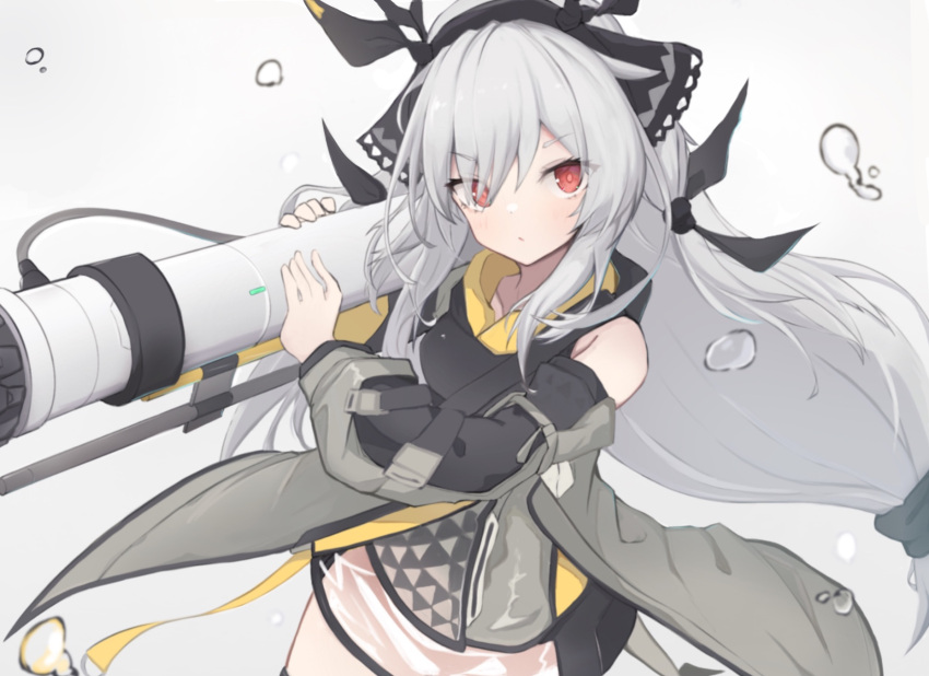 1girl arknights bangs bare_shoulders closed_mouth detached_sleeves dress eyebrows_visible_through_hair hairband highres long_hair matchadzuke red_eyes short_dress silver_hair simple_background sleeveless sleeveless_dress solo very_long_hair weedy_(arknights) white_background