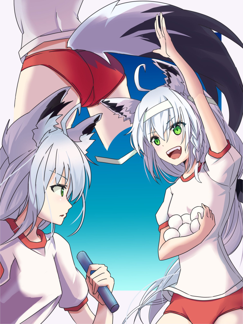 ahoge animal_ear_fluff animal_ears bangs braid buruma commentary_request eyebrows_visible_through_hair fox_ears fox_girl fox_tail green_eyes gym_uniform hair_between_eyes highres holding holding_snowball hololive kuruton21g long_hair multiple_views open_mouth outstretched_arm red_buruma shirakami_fubuki shirt short_sleeves sidelocks single_braid tail virtual_youtuber white_hair white_shirt