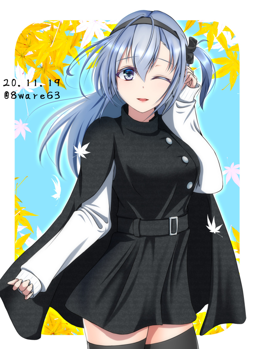 1girl ;d alternate_costume autumn_leaves black_dress black_hairband black_legwear breasts cowboy_shot dated dress grey_eyes hachiware_(8ware63) hair_between_eyes hairband highres kantai_collection large_breasts long_hair looking_at_viewer one_eye_closed one_side_up open_mouth silver_hair smile solo suzutsuki_(kantai_collection) sweater thigh-highs twitter_username white_sweater