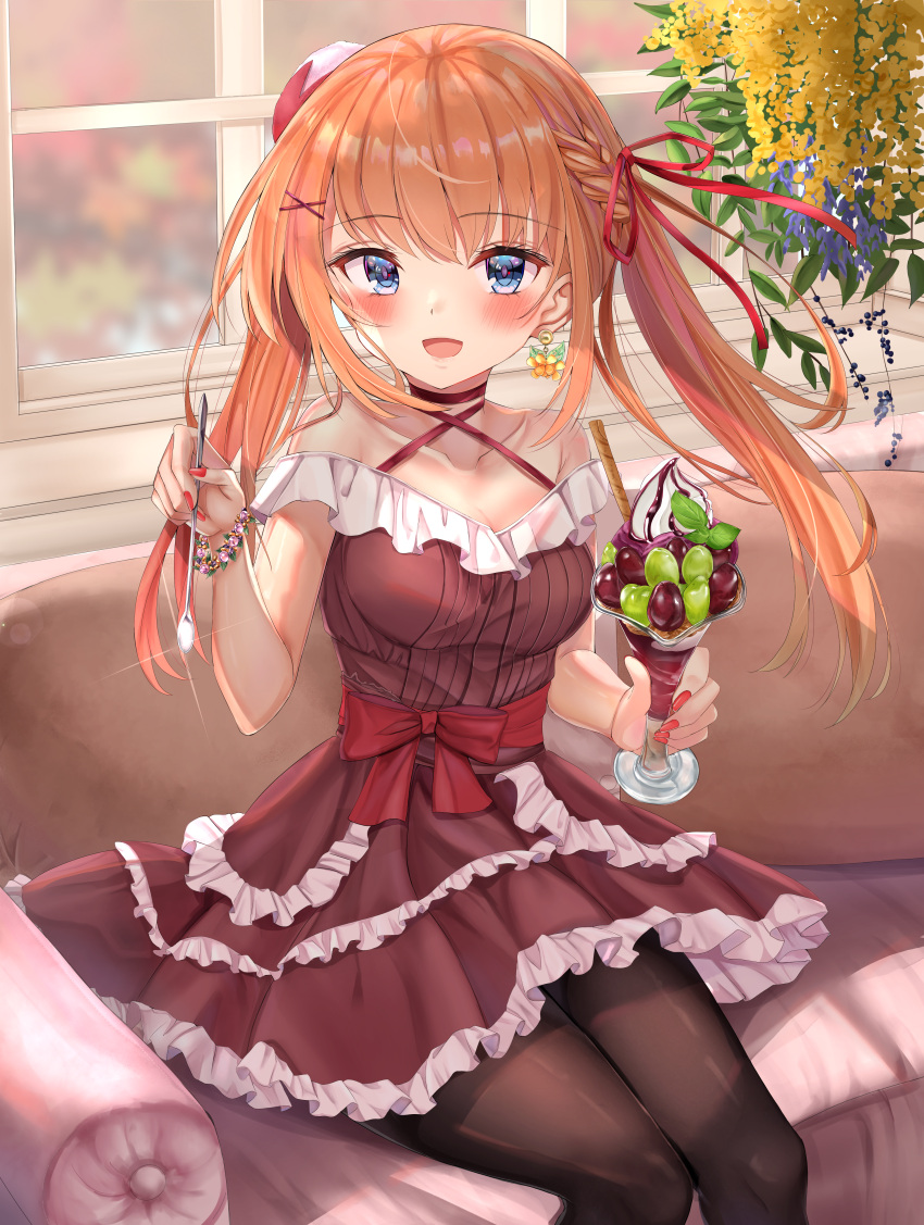 1girl :d absurdres bangs bare_shoulders black_legwear blue_eyes blue_flower blush bracelet braid breasts brown_legwear collarbone commentary_request couch cup dress earrings flower food frilled_dress frills fruit glint hair_ornament hair_ribbon hand_up highres holding holding_cup holding_spoon huge_filesize ice_cream jewelry layered_dress long_hair looking_at_viewer on_couch open_mouth original pantyhose red_dress red_nails red_ribbon ribbon sitting smile solo spoon striped striped_dress toratora_(nanahaba) window x_hair_ornament yellow_flower