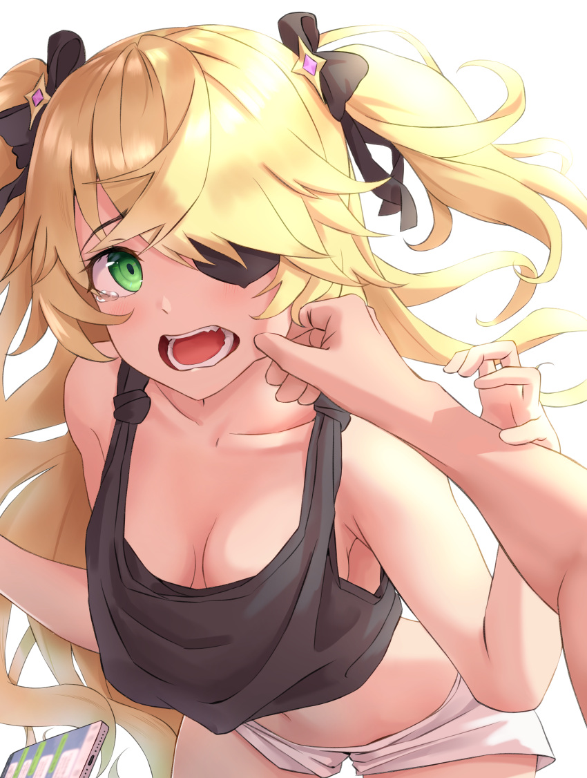 1girl absurdres bare_arms bare_shoulders black_shirt blonde_hair bow breasts cheek_pinching collarbone crop_top crop_top_overhang eyepatch fischl_(genshin_impact) genshin_impact green_eyes hair_bow hair_over_one_eye hamstarhand highres leaning_forward long_hair looking_at_viewer medium_breasts micro_shorts midriff navel open_mouth pinching shirt shorts simple_background sleeveless sleeveless_shirt solo tearing_up two_side_up white_background white_shorts
