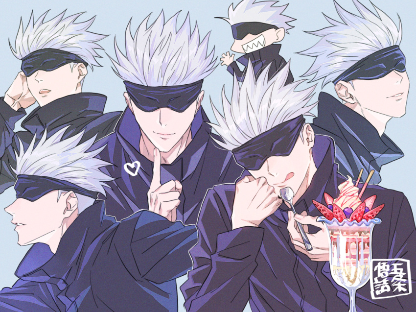 1boy :q black_jacket blindfold blue_background chibi chin_rest closed_mouth cup expressions facing_viewer food fruit gojou_satoru grin hand_up high_collar holding holding_spoon jacket jujutsu_kaisen long_sleeves looking_away male_focus open_mouth parfait profile shiraki_(shiraki_shiki) short_hair simple_background smile spoon strawberry tongue tongue_out white_hair