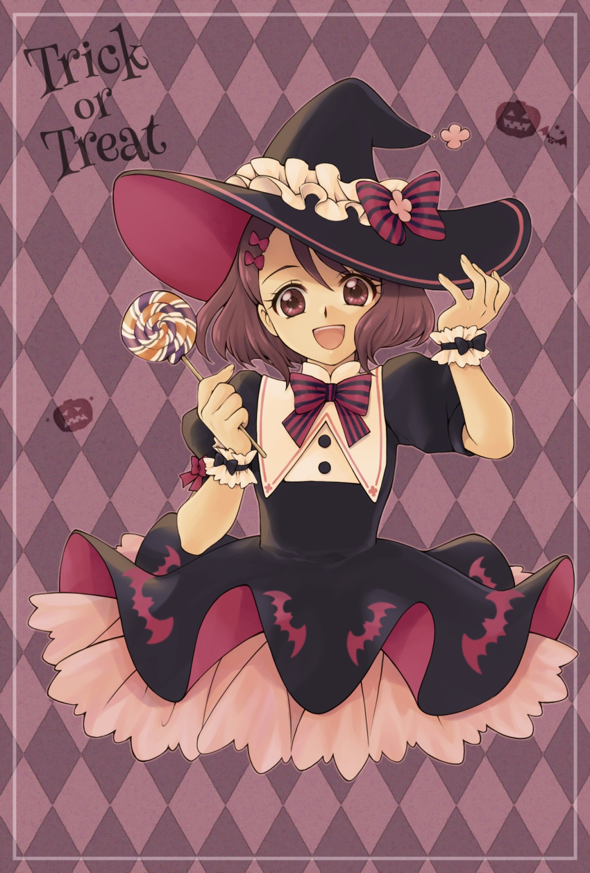 1girl :d aizen_(syoshiyuki) argyle argyle_background black_dress black_headwear bow brown_hair candy dress food hair_bow halloween halloween_costume hanadera_nodoka hat hat_bow head_tilt healin'_good_precure highres holding layered_dress lollipop looking_at_viewer medium_hair open_mouth pink_background precure pumpkin red_bow red_eyes shiny shiny_hair short_sleeves smile solo standing striped striped_bow trick_or_treat witch witch_hat wrist_cuffs