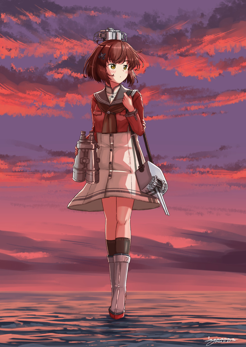 1girl absurdres adapted_turret binoculars brown_eyes brown_hair brown_neckwear cannon clouds dress full_body grey_sailor_collar highres kantai_collection looking_to_the_side neckerchief ocean outdoors red_shirt rudder_footwear sagoromo_04 sailor_collar sailor_shirt shirt short_hair signature solo standing standing_on_liquid sunset tan_yang_(kantai_collection) turret water white_dress yukikaze_(kantai_collection)