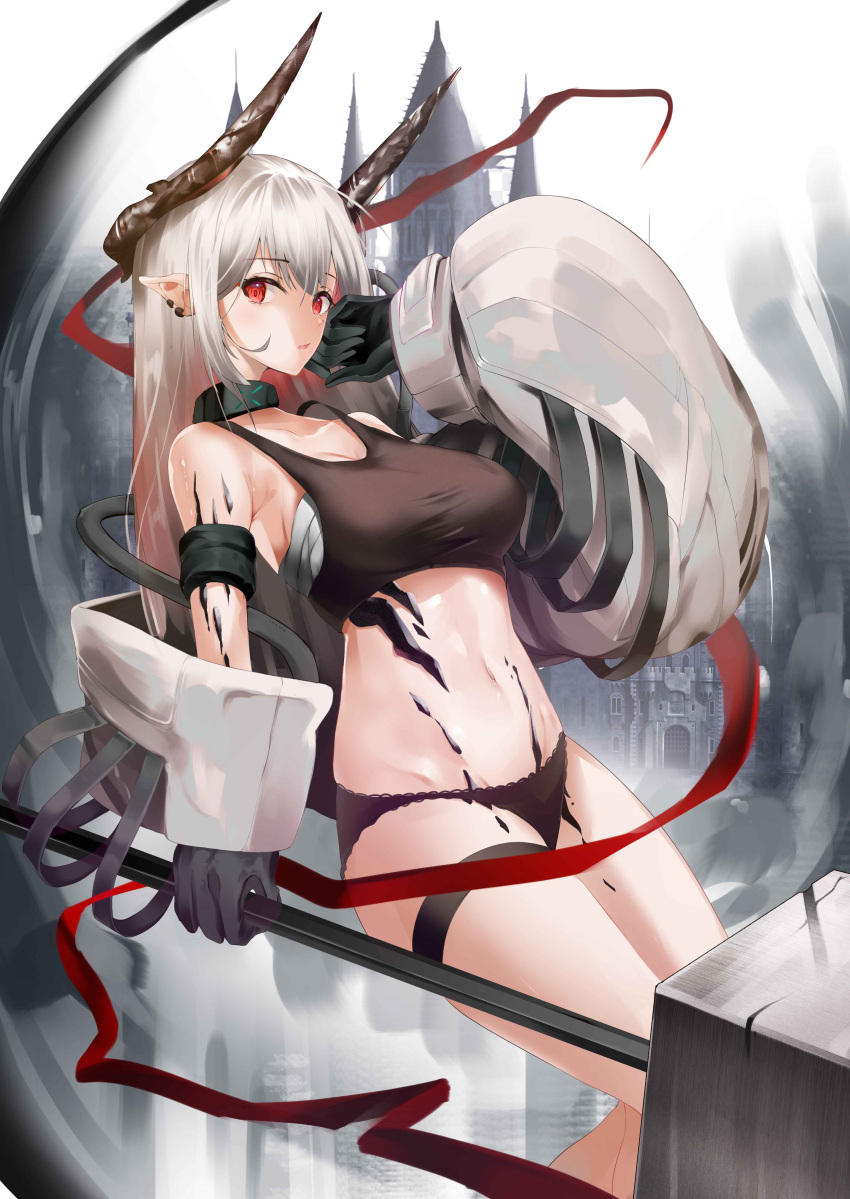 1girl absurdres arknights bangs black_collar black_gloves black_panties breasts collar commentary_request crop_top eyebrows_visible_through_hair gloves hammer hand_up highres holding holding_hammer holding_weapon horns large_breasts long_hair long_sleeves looking_at_viewer midriff mudrock_(arknights) navel nevin_(flyskying) oripathy_lesion_(arknights) panties pointy_ears red_eyes sarashi silver_hair solo sports_bra stomach thigh_strap thighs underwear weapon