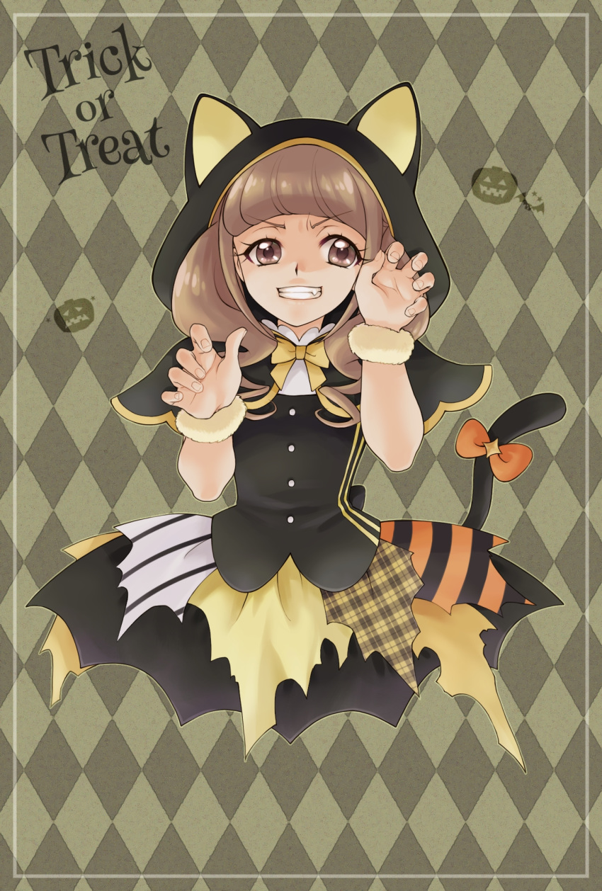 1girl aizen_(syoshiyuki) animal_ears animal_hood argyle argyle_background bangs black_cape black_skirt blunt_bangs bow brown_eyes brown_hair cape capelet cat_ears cat_hood cat_tail clenched_teeth cropped_legs fake_animal_ears fang halloween halloween_costume healin'_good_precure highres hiramitsu_hinata hood hood_up hooded_capelet layered_skirt long_hair looking_at_viewer orange_bow precure pumpkin scrunchie shiny shiny_hair skirt solo tail tail_bow teeth trick_or_treat twintails v-shaped_eyebrows wrist_scrunchie yellow_neckwear yellow_scrunchie