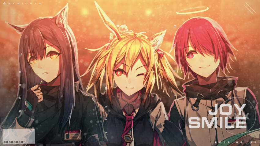3girls animal_ear_fluff animal_ears arknights bangs black_gloves black_hair blonde_hair commentary_request exusiai_(arknights) eyebrows_visible_through_hair fingerless_gloves food gloves hair_between_eyes hair_over_one_eye halo holding holding_food id_card jacket long_hair long_sleeves looking_at_another multiple_girls pocky red_eyes redhead short_hair smile sora_(arknights) teeth texas_(arknights) upper_body white_jacket wolf_ears x13710557267