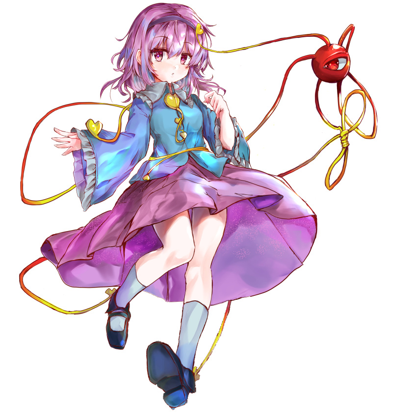 1girl :o absurdres arms_up black_footwear blue_legwear blue_shirt calf_socks commentary_request full_body hair_ornament hairband heart heart_hair_ornament highres ikazuchi_akira komeiji_satori light_particles looking_at_viewer partial_commentary purple_hair purple_skirt shirt short_hair simple_background skirt sleeves_past_wrists solo third_eye touhou violet_eyes white_background wide_sleeves