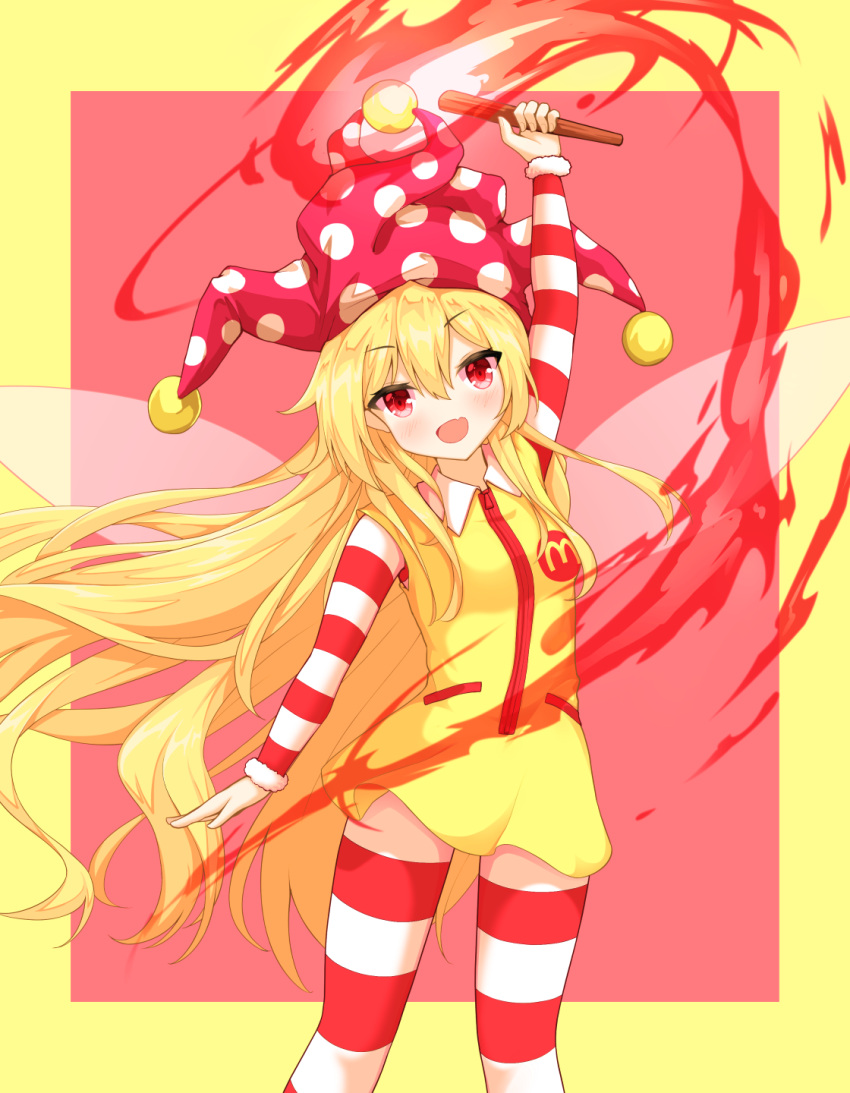1girl :d arm_above_head arm_at_side blonde_hair blush border breasts clownpiece commentary_request cosplay dress eyebrows_visible_through_hair fairy_wings fang feet_out_of_frame hair_between_eyes hat highres holding holding_torch jester_cap long_hair looking_at_viewer mcdonald's open_mouth pink_headwear polka_dot red_background red_eyes ronald_mcdonald ronald_mcdonald_(cosplay) shiny shiny_hair simple_background skin_fang small_breasts smile solo standing striped striped_legwear striped_sleeves thigh-highs tilt_gyx torch touhou very_long_hair wings yellow_dress zettai_ryouiki zipper_pull_tab