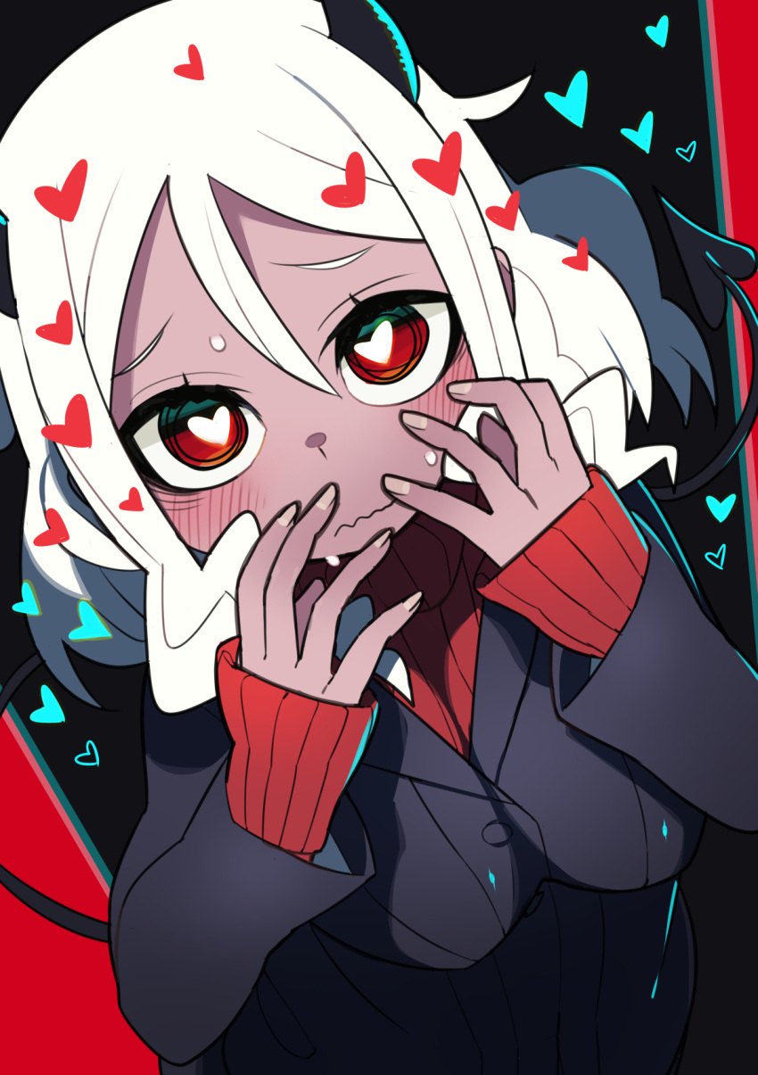 1girl black_background black_hair blush breasts commentary demon_girl demon_horns demon_tail hands_up heart heart-shaped_pupils helltaker highres horns kometsubu looking_at_viewer medium_breasts modeus_(helltaker) raised_eyebrows red_background red_eyes red_sweater ribbed_sweater short_hair solo sweater symbol-shaped_pupils tail turtleneck turtleneck_sweater upper_body wavy_mouth white_hair