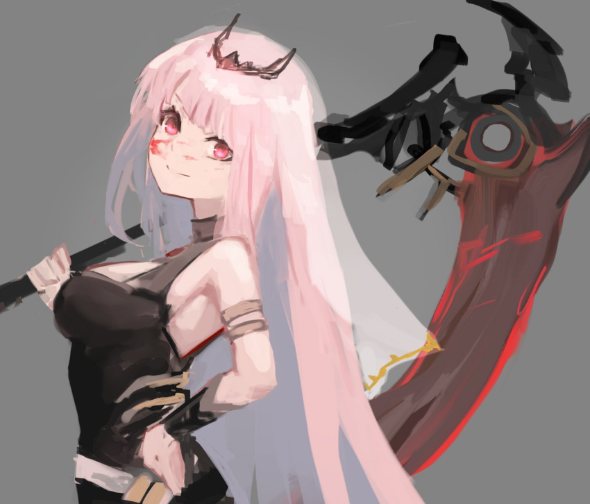 1girl armlet black_dress blood blood_on_face breasts closed_mouth commentary cowboy_shot dress english_commentary gnai grey_background hand_on_hip highres holding holding_scythe hololive hololive_english long_hair looking_at_viewer medium_breasts mori_calliope pink_hair red_eyes scythe simple_background sleeveless sleeveless_dress smile solo straight_hair tiara traditional_media vambraces veil virtual_youtuber
