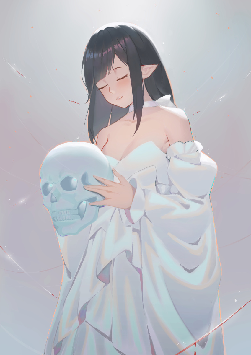 1girl absurdres bangs black_hair blush breasts character_request choker closed_eyes collarbone commentary_request detached_sleeves dress facing_down grey_background highres holding holding_skull jmao long_hair long_sleeves medium_breasts parted_lips pointy_ears ribbon_choker sennen_sensou_aigis skull solo white_choker white_dress wide_sleeves