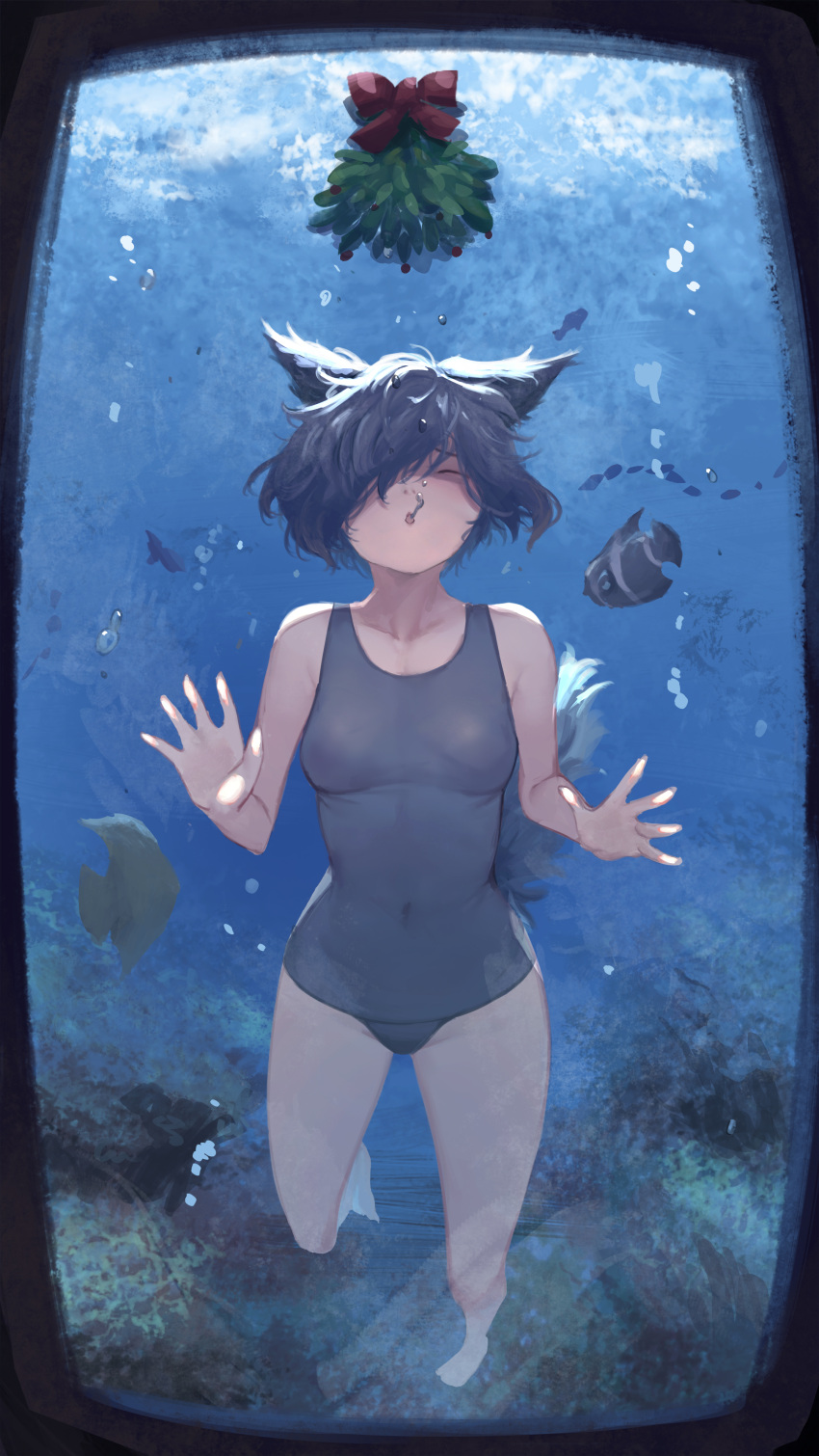 1girl absurdres against_glass air_bubble animal_ears aquarium barefoot black_hair bubble bubble_blowing cat_ears closed_eyes competition_swimsuit fish glass highres holding_breath mistletoe ocean_bottom one-piece_swimsuit original rou_(rou22) school_of_fish short_hair swimsuit underwater window