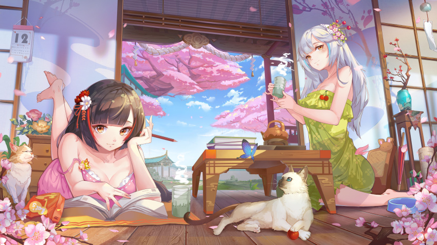 2girls absurdres barefoot blush book book_stack brown_hair bug butterfly calendar cat chengchenwang cherry_blossoms cup dress feet flower flower_pot green_dress hair_flower hair_ornament highres holding holding_cup indoors insect legs_up long_hair looking_at_viewer lying md5_mismatch multiple_girls on_stomach open_door original pink_dress reading siamese_cat sitting sliding_doors soles spring_(season) sundress table tea teacup teapot vase wariza white_hair wooden_floor