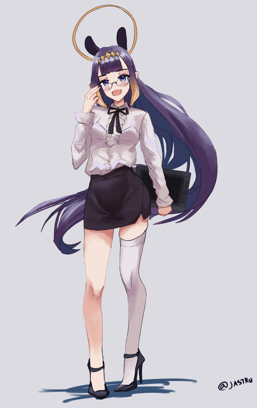 absurdres adjusting_eyewear alternate_costume animal_ears bangs bespectacled blunt_bangs diamond_hairband drawing_tablet dress_shirt fang full_body glasses grey_background halo high_heels highres hippopotamus_ears holding holding_tablet_pc hololive hololive_english jastru knees long_hair ninomae_ina'nis open_mouth pencil_skirt pointy_ears purple_hair shirt sidelocks simple_background single_thighhigh skirt smile strappy_heels tablet_pc teacher tentacle_hair thigh-highs twitter_username very_long_hair violet_eyes virtual_youtuber white_legwear white_shirt