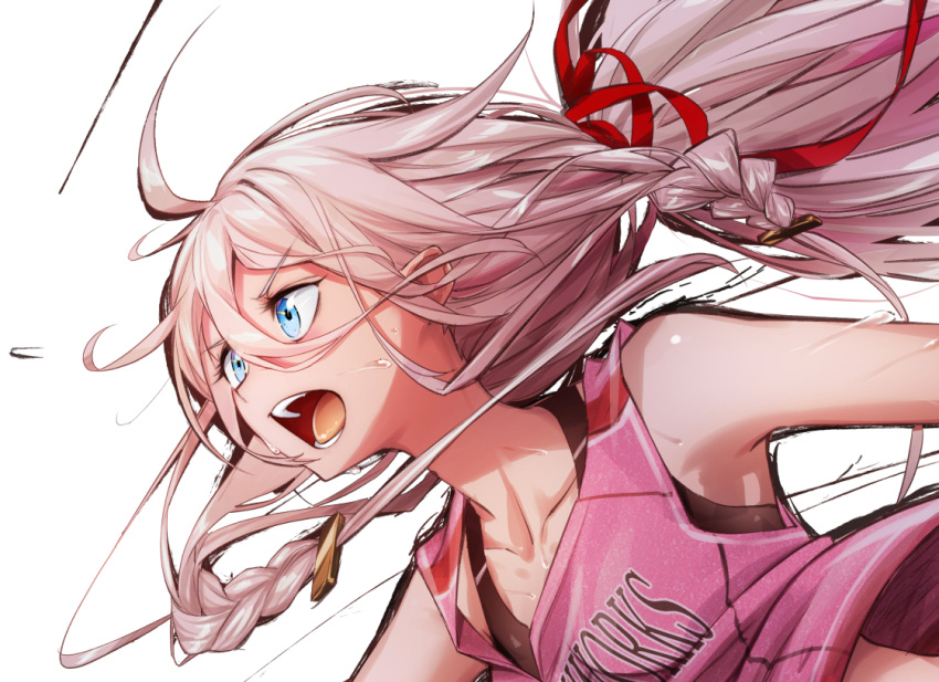 1girl ahoge alternate_costume bangs bare_shoulders blue_eyes braid breasts clothes_writing cluseller collarbone commentary_request commission cropped english_commentary english_text eyebrows_visible_through_hair hair_between_eyes hair_ornament hair_ribbon ia_(vocaloid) long_hair mixed-language_commentary open_mouth partial_commentary pink_hair pink_shirt ponytail red_ribbon ribbon shiny shiny_hair shiny_skin shirt sleeveless sleeveless_shirt small_breasts solo sports_bra sweat teeth tied_hair tongue twin_braids v-shaped_eyebrows vocaloid white_background
