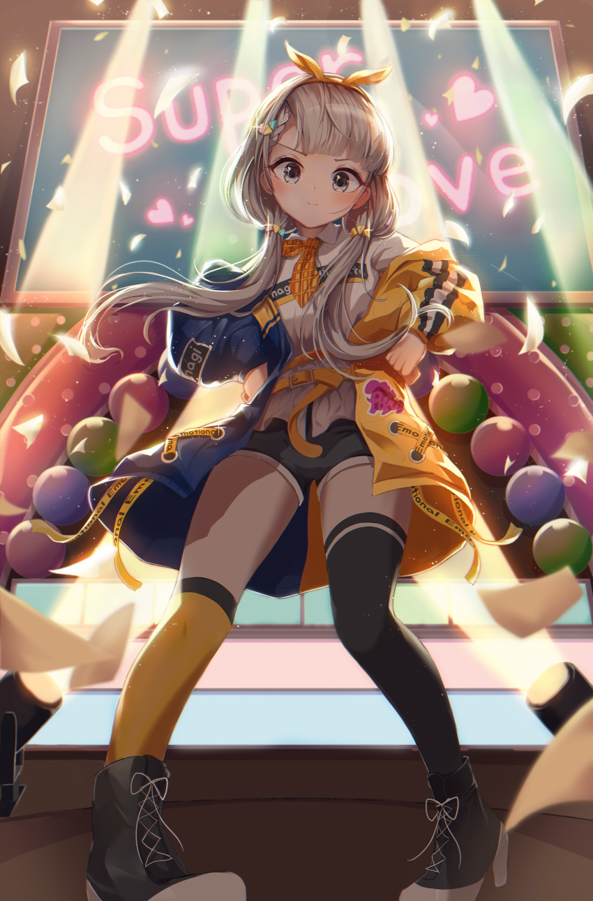 1girl absurdres bangs belt_buckle black_footwear black_legwear black_shorts blue_jacket blunt_bangs boots bow braid brown_eyes buckle collared_shirt confetti from_below grey_hair hair_bow hairband hands_on_hips highres hisakawa_nagi idolmaster idolmaster_cinderella_girls jacket long_hair low_twintails mismatched_legwear nankam shirt shorts solo stage stage_lights thigh-highs twintails two-tone_jacket yellow_jacket yellow_legwear yellow_neckwear