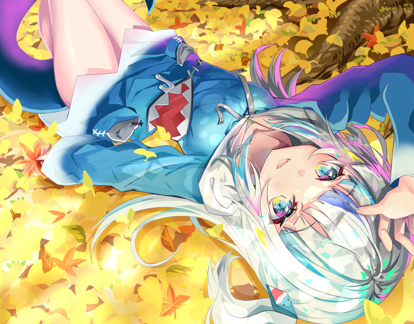 1girl animal_hood arm_up autumn_leaves bangs blue_eyes blue_hair blue_hoodie blunt_bangs blush commentary_request fangs fish_tail gawr_gura grey_hair hair_ornament highres hololive hololive_english hood hoodie knees_up long_sleeves looking_at_viewer lying multicolored multicolored_eyes multicolored_hair on_back open_mouth pink_eyes shark_hood shark_tail sharp_teeth sho_(runatic_moon) smile solo streaked_hair tail teeth two_side_up upside-down virtual_youtuber white_hair wide_sleeves