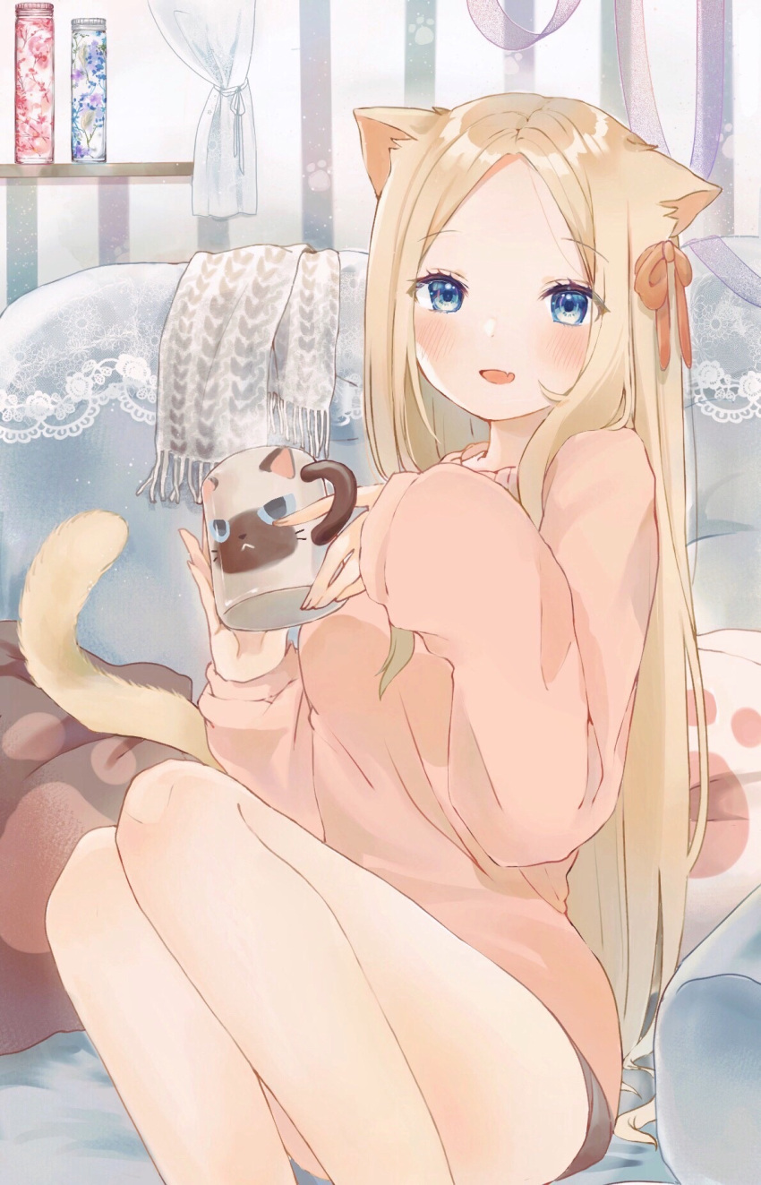 1girl abigail_williams_(fate/grand_order) animal_ears artist_request bangs blonde_hair blue_eyes blush breasts cat_ears cat_tail cup fate/grand_order fate_(series) forehead highres knees_up long_hair long_sleeves looking_at_viewer mug open_mouth parted_bangs sidelocks small_breasts smile sweater tail thighs