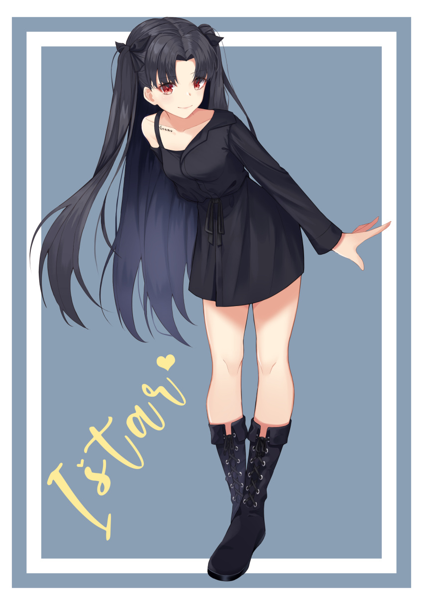 1girl absurdres black_bow black_dress black_footwear black_hair blue_background boots border bow character_name closed_mouth collarbone dress fate/grand_order fate_(series) full_body hair_bow hair_intakes heart highres ishtar_(fate)_(all) knee_boots leaning_forward long_hair long_sleeves looking_at_viewer myeongdo outside_border red_eyes shiny shiny_hair short_dress smile solo standing twintails very_long_hair white_border