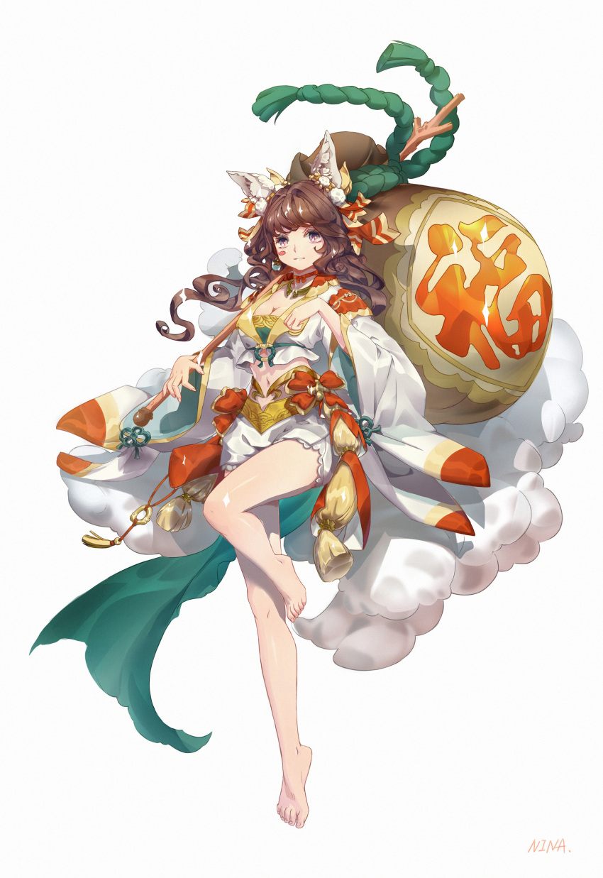 +_+ 1girl absurdres bag bare_legs barefoot bell blush blush_stickers brown_hair chinese_clothes detached_sleeves fluffy highres long_hair neck_ribbon nina_zhang original ribbon rope sack short_shorts shorts standing standing_on_one_leg stick tiptoes wide_sleeves