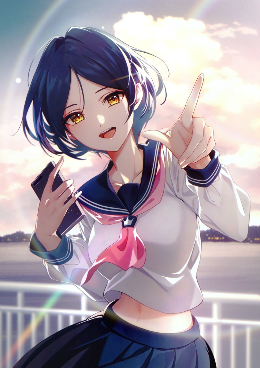 1girl :d absurdres backlighting bangs blouse blue_hair blue_sailor_collar blue_skirt blurry blurry_background cellphone clouds collarbone commentary_request cowboy_shot evening eyebrows_visible_through_hair fingernails hands_up hayami_kanade highres holding holding_phone idolmaster idolmaster_cinderella_girls index_finger_raised lens_flare light_particles long_sleeves looking_at_viewer midriff motoki_(hisano_motoki) navel neckerchief open_mouth outdoors parted_bangs phone pink_neckwear pleated_skirt pointing railing rainbow sailor_collar school_uniform serafuku shiny shiny_hair short_hair skirt smartphone smile solo standing upper_teeth water white_blouse yellow_eyes