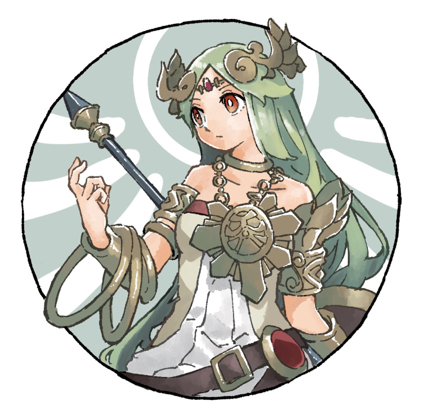1girl armlet armor bare_shoulders belt belt_buckle bracelet brown_belt buckle circlet closed_mouth collarbone detached_wings green_hair halo holding holding_polearm holding_weapon jewelry kid_icarus long_hair necklace nishikuromori palutena pauldrons polearm red_eyes shield shoulder_armor simple_background single_pauldron solo super_smash_bros. vambraces weapon white_background wings