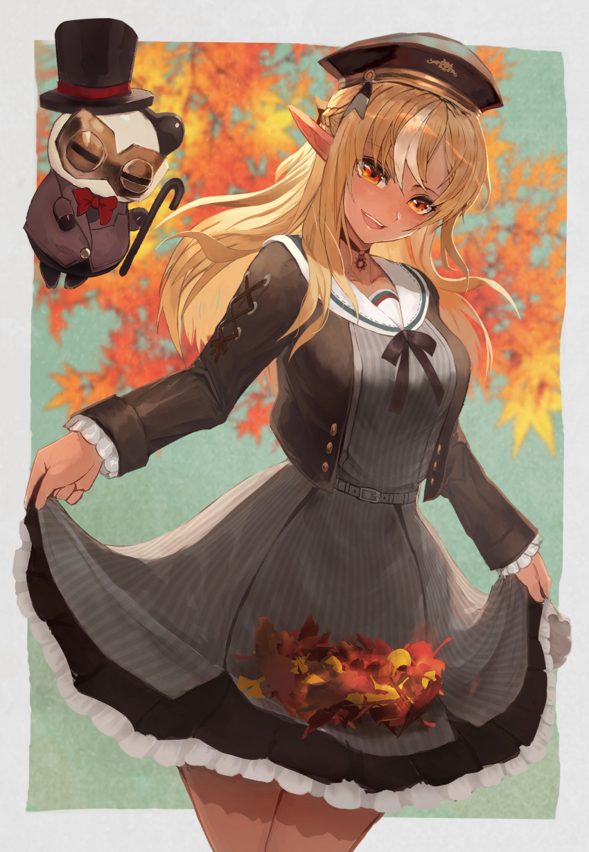 absurdres blonde_hair bow bowtie breasts cane choker collarbone cowboy_shot dark_elf dlop_6 dress elf eyebrows_visible_through_hair hair_between_eyes hat highres hololive leaf long_hair long_sleeves looking_at_viewer medium_breasts open_mouth orange_eyes outdoors pointy_ears shiranui_flare skirt_basket standing teeth tongue top_hat