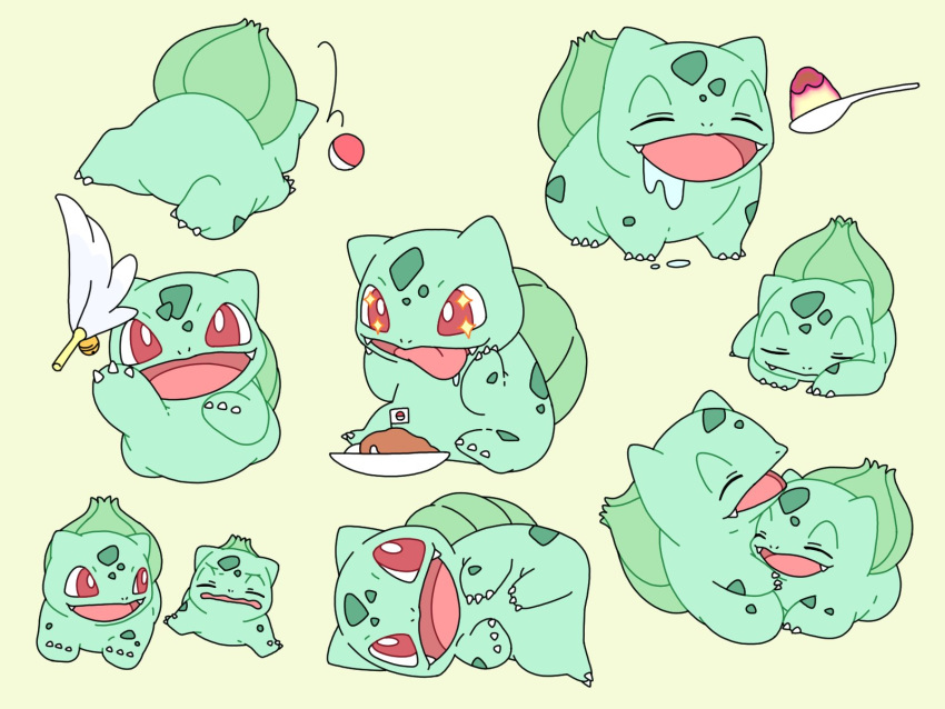 bell bowl bulbasaur cat_teaser claws closed_eyes curry drooling fangs food gelatin gen_1_pokemon highres kino_(sea55tea) lying no_humans on_side open_mouth poke_ball poke_ball_(basic) pokemon red_eyes saliva simple_background smile spoon tongue