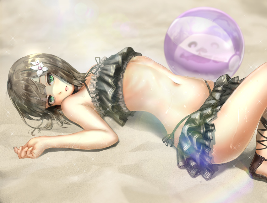 1girl ball bangs beach beachball bikini black_choker brown_hair choker cross-laced_footwear flower frilled_bikini frilled_choker frills green_eyes gretel_(sinoalice) hair_flower hair_ornament highres layered_bikini lens_flare looking_at_viewer lying medium_hair multi-strapped_bikini navel on_back rainbow sand sandals side-tie_bikini sinoalice skindentation solo stomach swimsuit wankosukii