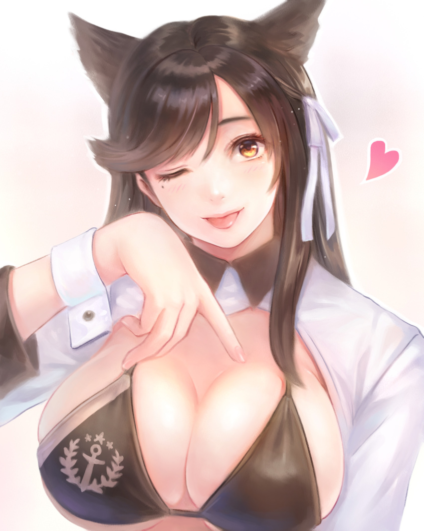 1girl ;p absurdres animal_ears atago_(azur_lane) azur_lane bikini bikini_top black_bikini black_hair blush breasts commentary_request hair_ribbon heart highres himamo large_breasts long_hair looking_at_viewer mole mole_under_eye one_eye_closed ribbon solo swimsuit tongue tongue_out upper_body white_hair yellow_eyes